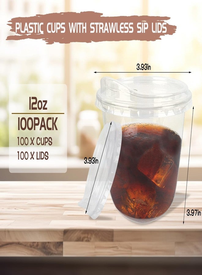 Foxtell 100 Pcs 12 Oz Clear Plastic Cups with Strawless Sip Lids Disposable Round Bottom Togo Cups for Iced Coffee Smoothie Beverage Cold Drinks Disposable Iced Coffee Cups for Party Catering BBQ - Image 2